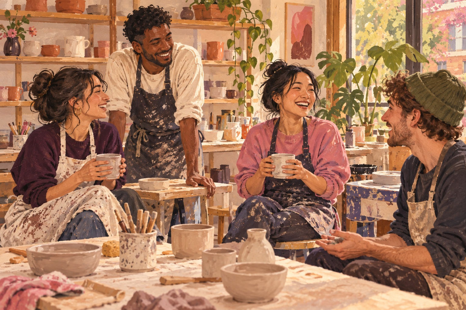Editorial illustration of young adults talking during a pottery class
