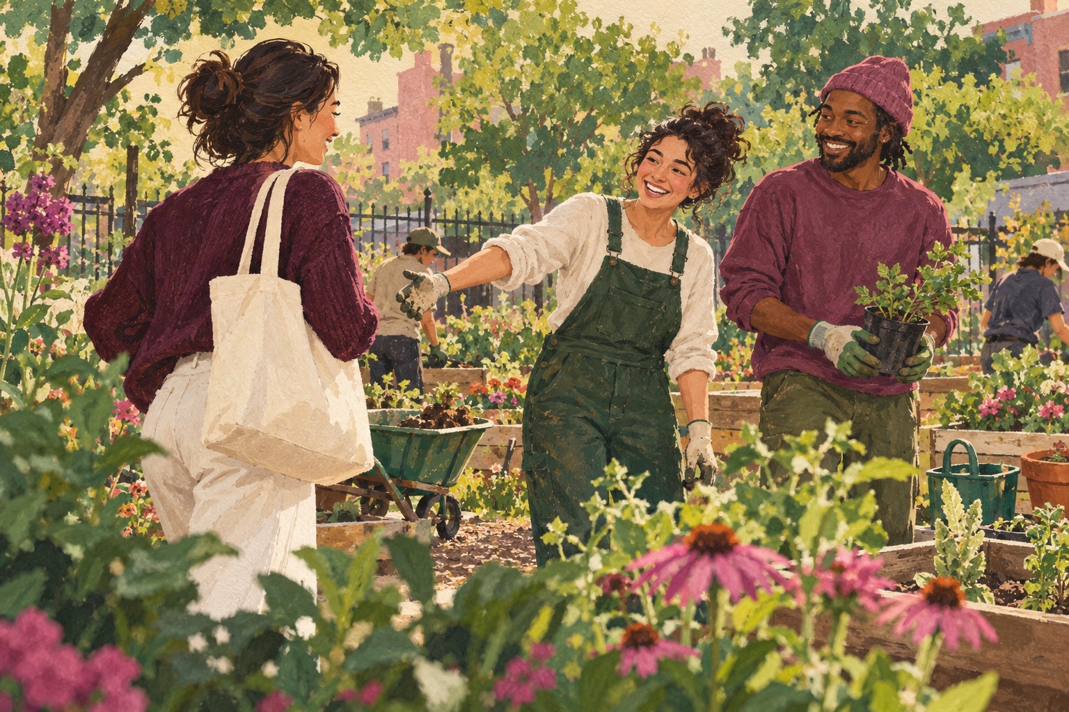 Editorial illustration of a newcomer meeting volunteers in a community garden