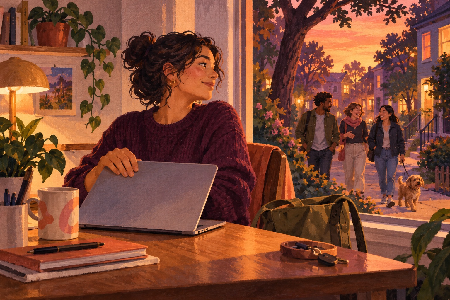 Editorial illustration of a remote worker closing a laptop while neighbors walk outside
