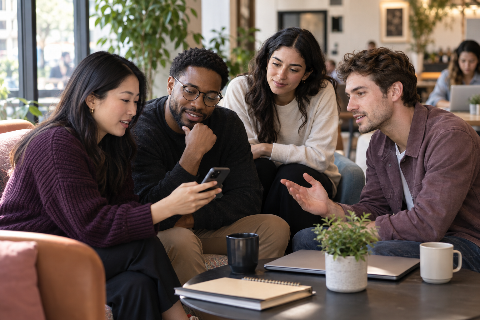 Young professionals using a social app to choose a local event