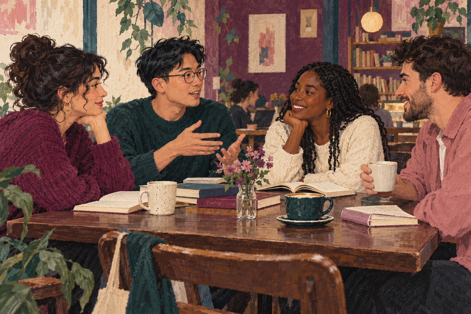 Editorial illustration of young professionals discussing books at a cafe